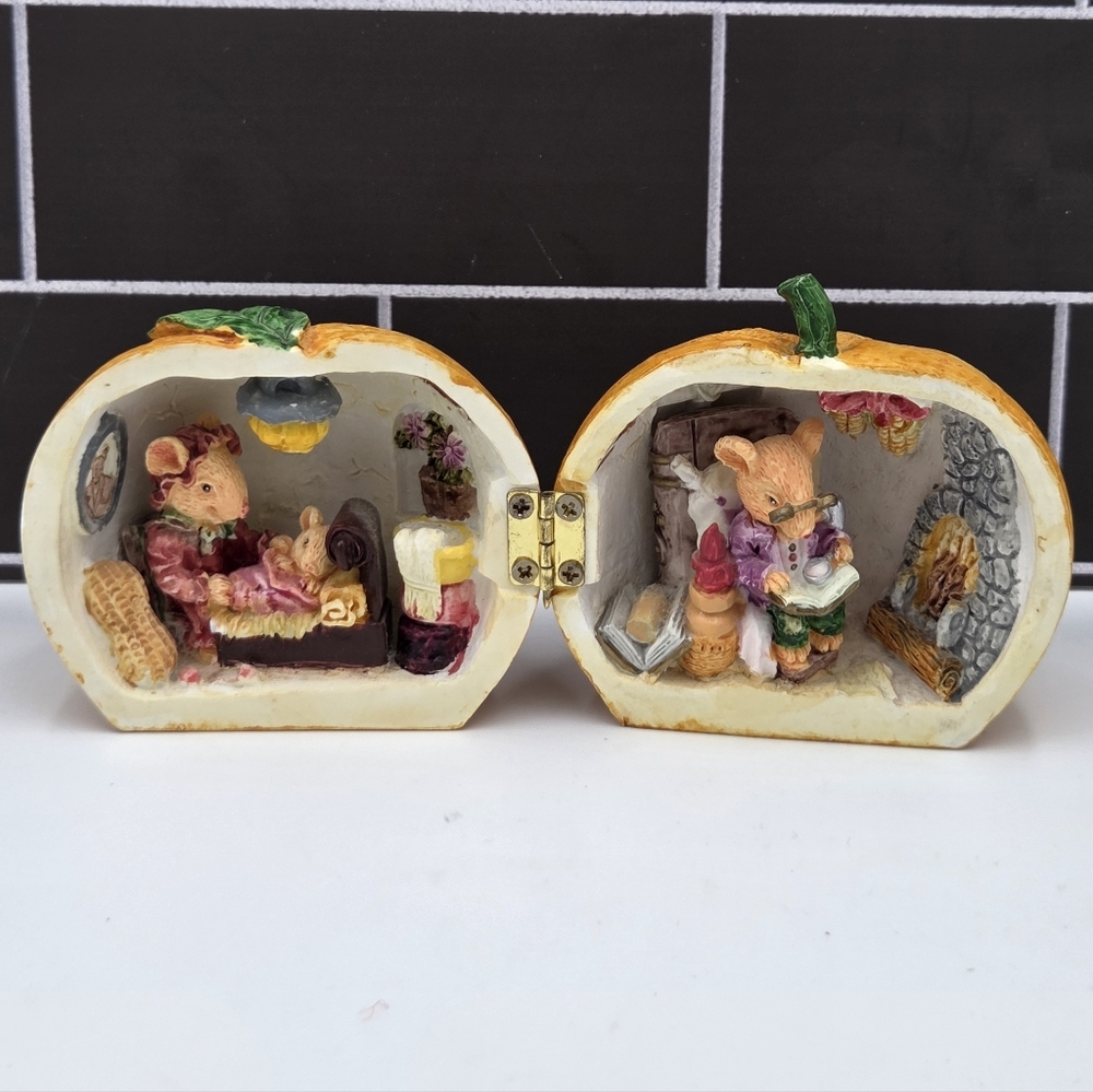 Mouse Family Diorama Inside An Orange Miniature Hinged Resin